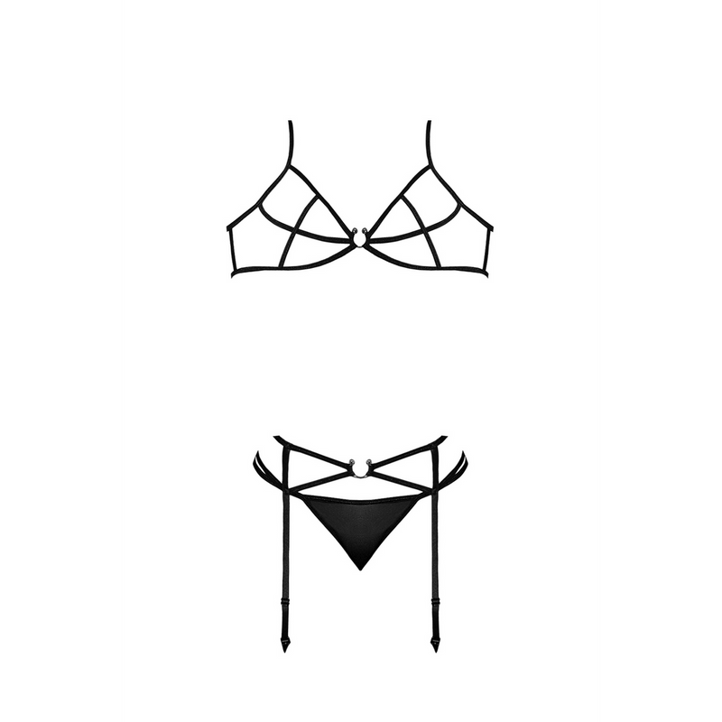 Bra, Garter and G-String Set with Rings and Straps - S/M - Black