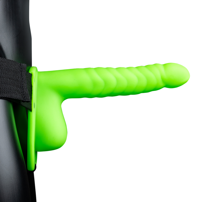 Glow in the Dark Ribbed Hollow Strap-On with Balls - 8 / 21 cm