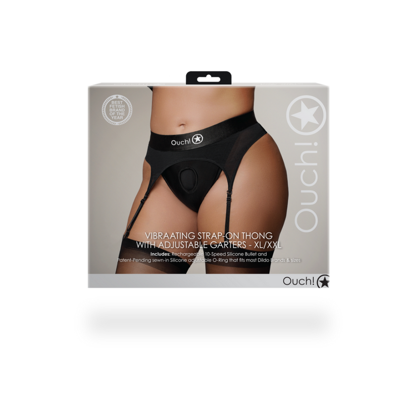 Vibrating Strap-on Thong with Adjustable Garters - XL/XXL - Black