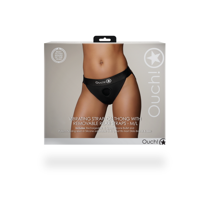 Vibrating Strap-on Thong with Removable Butt Straps - M/L - Black