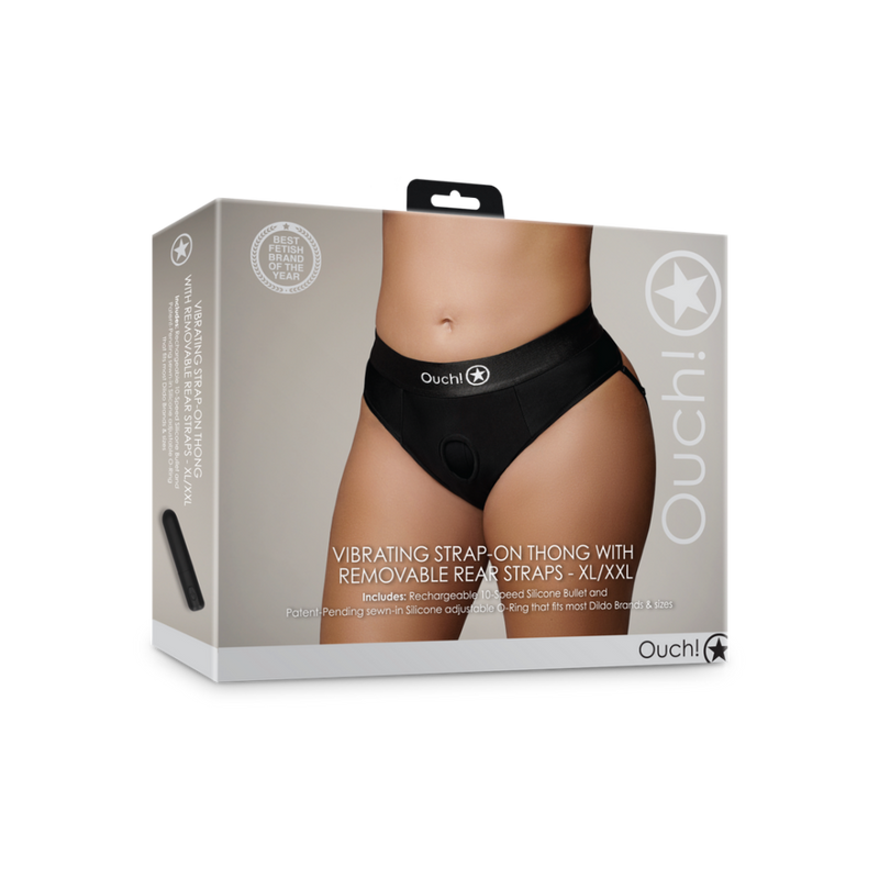 Vibrating Strap-on Thong with Removable Butt Straps - XL/XXL - Black