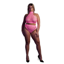 Col Montant et Jupe Taille Haute - Grande Taille - Rose Fluo