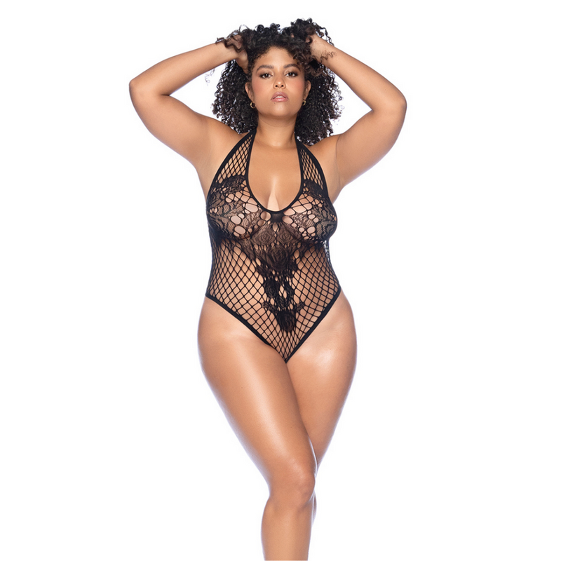Body en résille florale - Grande taille - Noir