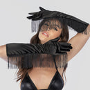 Gants d'opéra en satin à franges - Taille unique - Noir