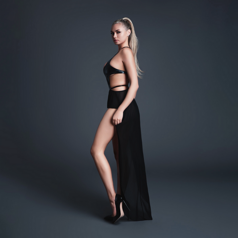 Take Me - Body de vinilo con aspecto de látex y malla con falda coqueta - S - Negro