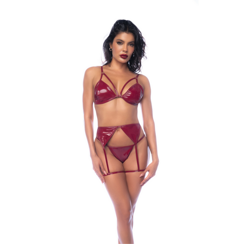 Ensemble de Soutien-Gorge Trois Pièces - M - Rouge Vin Brillant