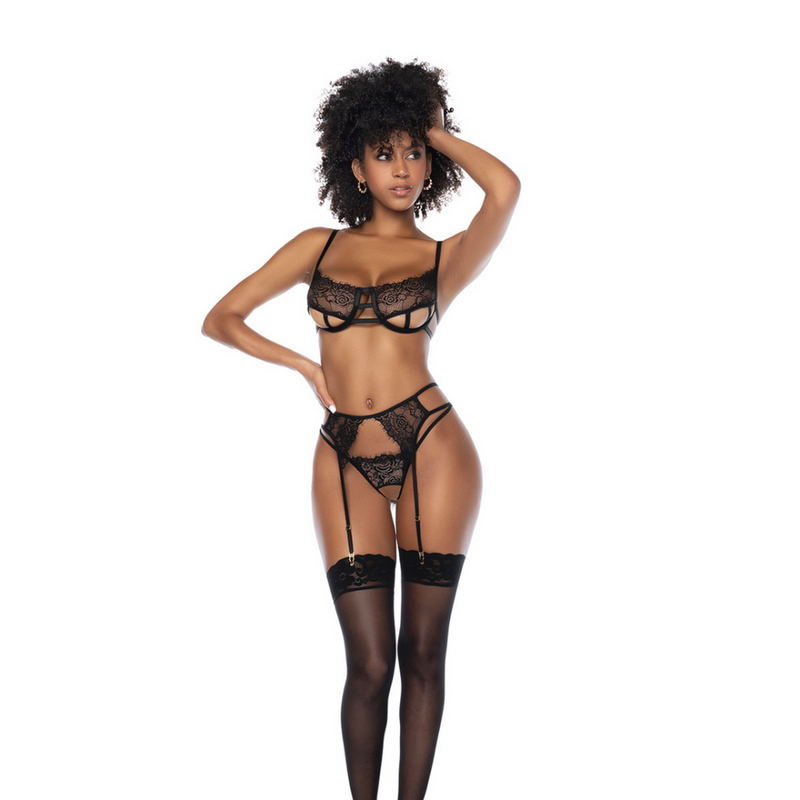 Yours Truly - Ensemble de soutien-gorge à trois pièces avec bonnets ouverts - L/XL - Noir