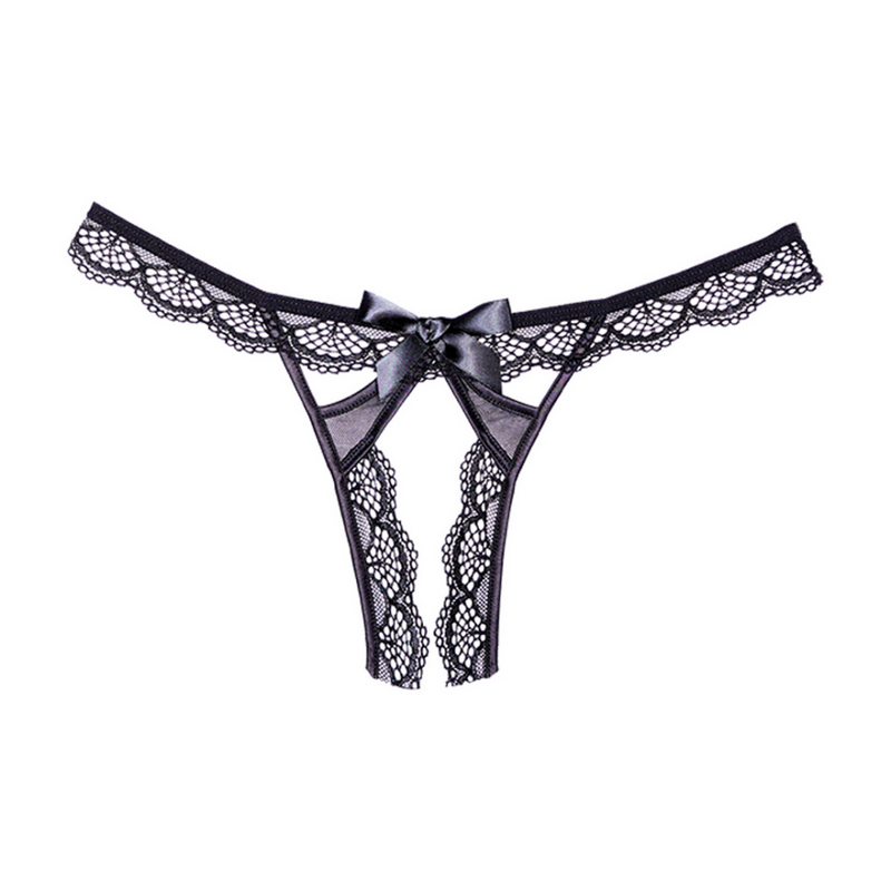 Lace and Mesh Open Panty - One Size - Black