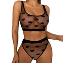 Ensemble Deux Pièces en Dentelle Transparente en Forme de Cœur - L/XL - Noir
