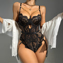 Body en dentelle transparente avec découpes et chaîne au niveau du col - L/XL - Noir