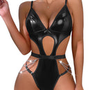Body en simili cuir découpé séduisant avec chaînes - L/XL - Noir