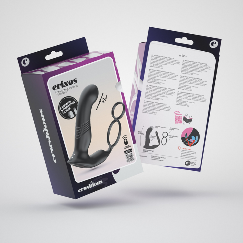 Erixos - Massager prostatique vibrant avec sangle pour les testicules et anneau pénien - Noir