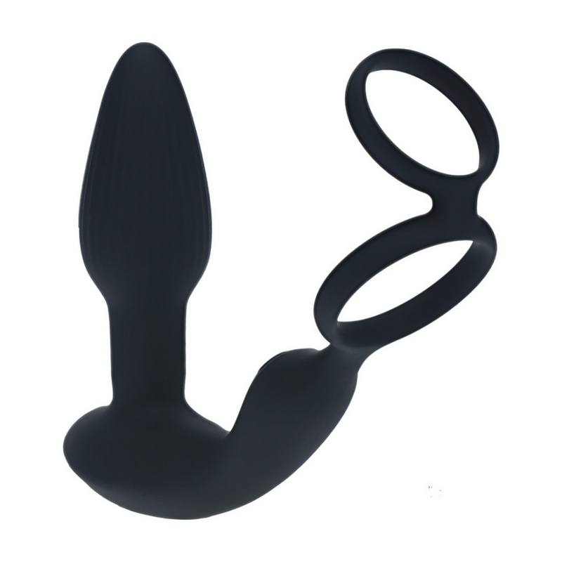 Dual Vibrating Remote Rotating Beads Silicone Prostate Stimulator with Cock and Ball Ring - Black