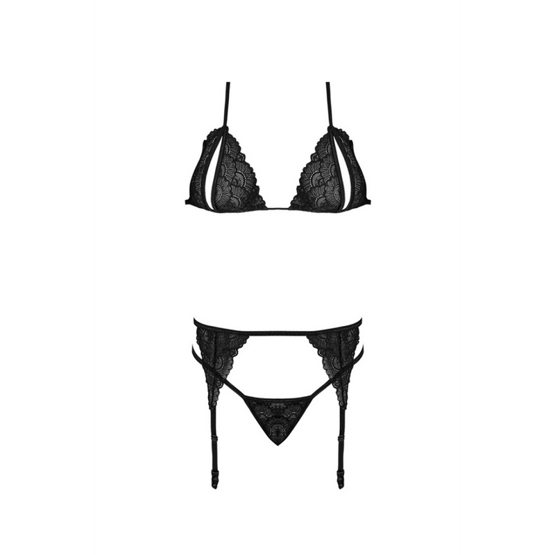 Ensemble Soutien-Gorge Peek-a-Boo, Jarretelles et G-String - 2X - Noir