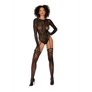 Teddy Bodystocking avec Gants Doigts Diamant - Taille Unique - Noir