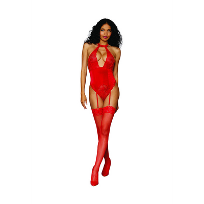 Body Garter en Dentelle Élastique et Velours Élastique pour Femmes - Taille Unique - Rouge