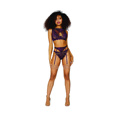 Ensemble de 3 pièces en dentelle et mesh pour femmes - M - Aubergine