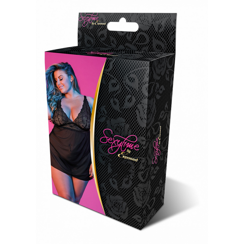 Babydoll avec dos ouvert et ensemble G-String - 2X - Noir