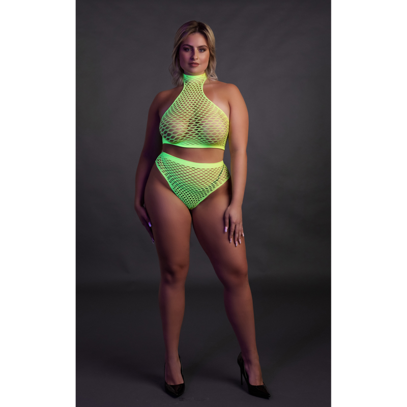 Col roulé et jupe taille haute - Grande taille - Vert fluo