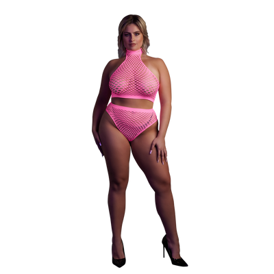 Col Montant et Jupe Taille Haute - Grande Taille - Rose Fluo