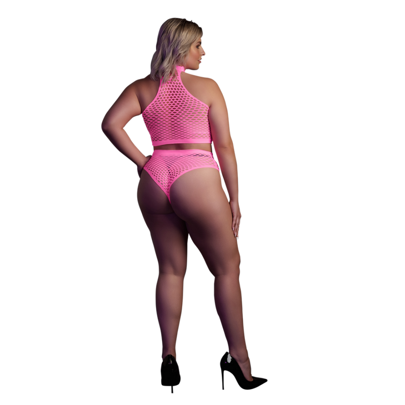 Col Montant et Jupe Taille Haute - Grande Taille - Rose Fluo