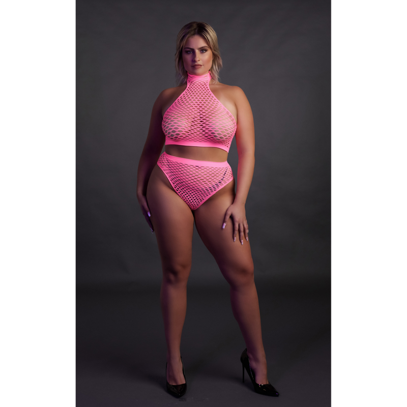 Col Montant et Jupe Taille Haute - Grande Taille - Rose Fluo