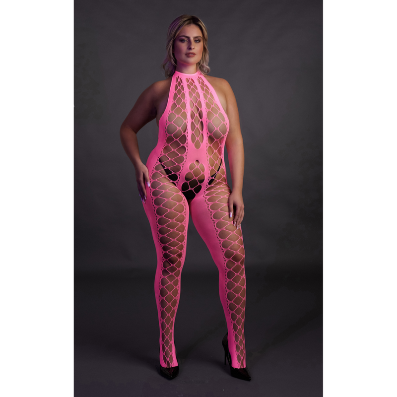 Bodystocking avec halter - Grande taille - Rose néon