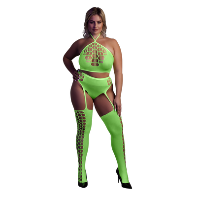 Ensemble Deux Pièces avec Crop Top et Bas - Grande Taille - Vert Fluo