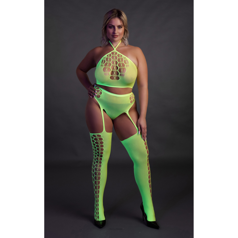 Ensemble Deux Pièces avec Crop Top et Bas - Grande Taille - Vert Fluo