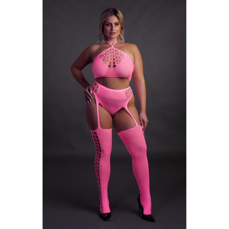 Ensemble deux pièces avec crop top et bas - Grande taille - Rose fluo