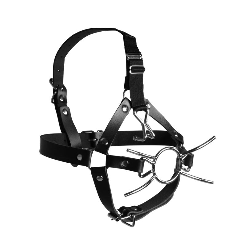 Head Harness with Spider Gag and Nose Hooks - Black